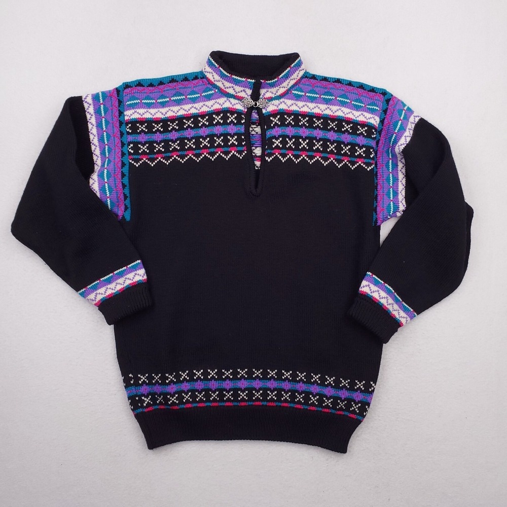 Vintage Stowe Woolens Sweater Women Large Black Wool Nordic Cottagecore USA MADE